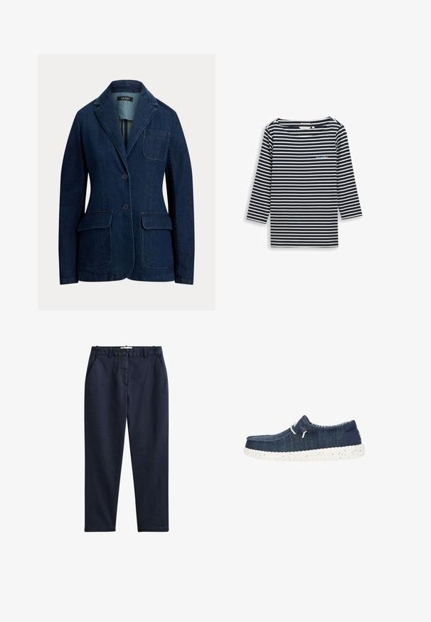 Blazer de denim en azul oscuro, con solapas de muesca, cierre de dos botones y dos bolsillos frontales. Tejido texturizado con un detalle de costura mínima.; Top de manga larga a rayas azul marino y blancas con un cuello ancho y detalle de texto bordado en el pecho izquierdo. Hecho de tela suave.; Pantalones de pierna recta azul marino oscuro con trabillas para cinturón, bolsillos laterales, cierre delantero con botón y cremallera, mostrados sobre un fondo blanco.; Zapato casual azul marino hecho de tejido texturizado, con suela blanca moteada, punta redonda y cordones elásticos para un fácil uso.