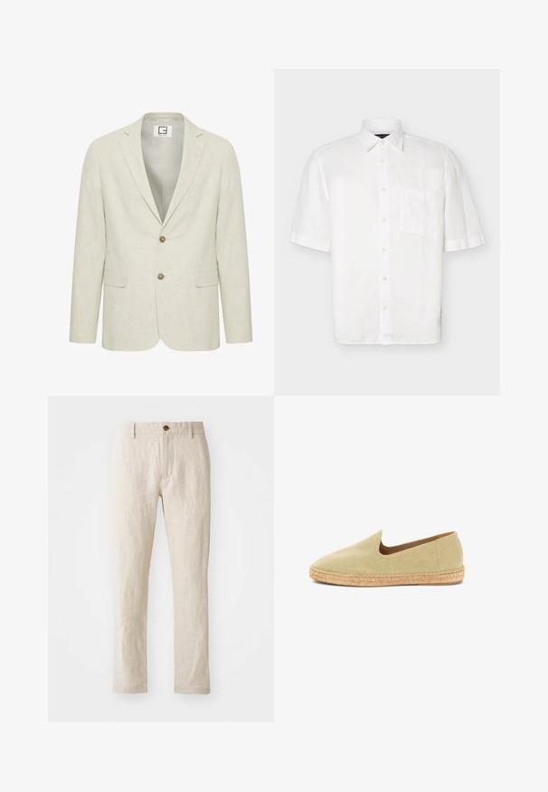 Blazer en lin beige clair avec un revers cranté, fermeture à deux boutons et poches avant. Présente une texture subtile et un intérieur uni.; Chemise blanche à manches courtes avec col pointu et poche poitrine, présentée sur un fond clair uni.; Pantalons en lin beige à coupe slim, dotés d'une fermeture à un seul bouton marron, de jambes droites et d'une finition en tissu texturé.; Espadrille beige à enfiler avec semelle en jute tressé et dessus en toile, conçue pour un usage décontracté et par temps chaud.