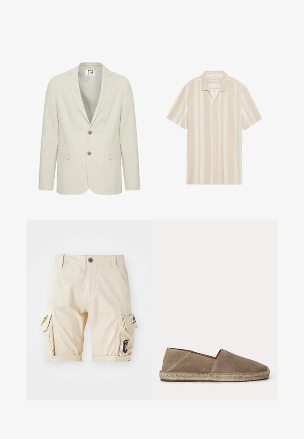 Blazer en lin beige clair avec un revers cranté, fermeture à deux boutons et poches avant. Présente une texture subtile et un intérieur uni.; Chemise à manches courtes avec un col à notch, présentant des rayures verticales beige et crème, fabriquée dans un tissu doux avec une fermeture à boutons sur le devant.; Shorts cargo beiges en coton, avec des ourlets roulés, des poches latérales et des patchs brodés sur la jambe. Coupe classique et design fonctionnel.; Chaussure espadrille en daim beige avec semelle en jute tressée et bout fermé arrondi, vue de côté sur un fond uni.