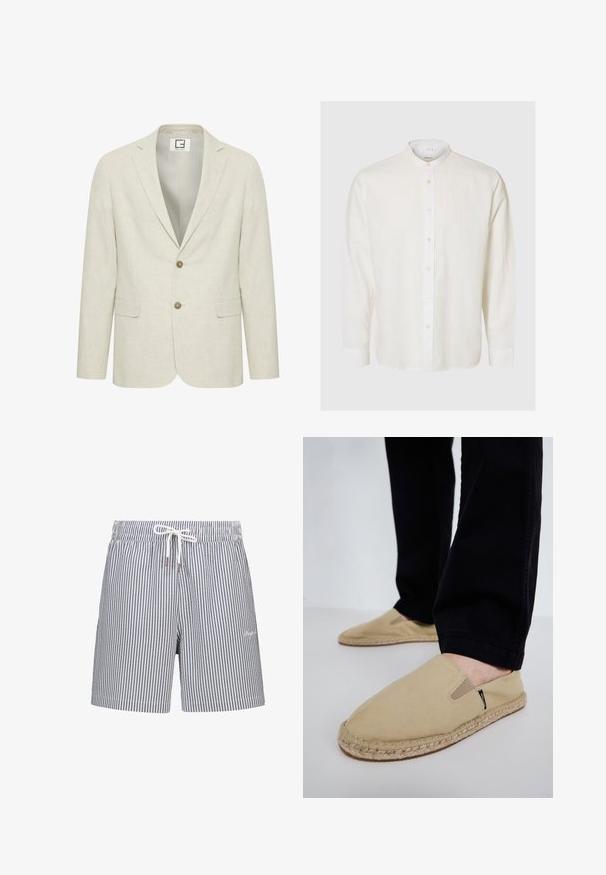 Blazer de lino beige claro con solapa muesca, cierre de dos botones y bolsillos frontales. Presenta una textura sutil y un interior liso.; Camisa blanca de lino de manga larga con cuello mandarín y botones frontales de color perla, mostrada sobre un fondo claro y liso.; Bañador a rayas en azul marino y blanco. Fabricado con una tela ligera, cuenta con una cinturilla elástica, cierre de cordón y bolsillos laterales.; Zapatos de lona color beige tipo slip-on con gomas elásticas, suela de cuerda de yute y costuras en contraste. Llevados con pantalones negros ajustados.