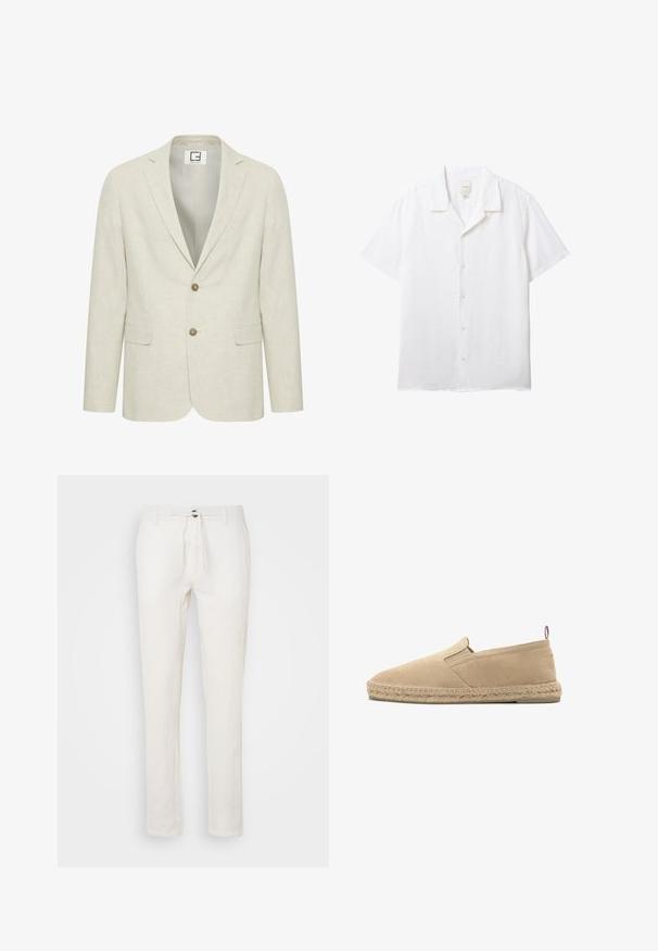 Blazer en lin beige clair avec un revers cranté, fermeture à deux boutons et poches avant. Présente une texture subtile et un intérieur uni.; Chemise blanche à manches courtes avec col de camp et étiquette Calvin Klein visible à l'intérieur de l'encolure.; Pantalon en lin blanc avec taille à cordon, coupe droite et texture subtile. Pas de poches ni de motifs visibles.; Espadrille beige en toile à enfiler avec semelle en jute cousue et petit onglet en tissu au talon, vue de profil sur fond blanc.