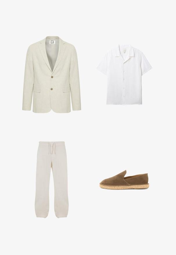 Blazer en lin beige clair avec un revers cranté, fermeture à deux boutons et poches avant. Présente une texture subtile et un intérieur uni.; Chemise blanche à manches courtes avec col de camp et étiquette Calvin Klein visible à l'intérieur de l'encolure.; Pantalons en lin beige clair avec une taille élastique et un cordon de serrage. Design à jambe droite avec une texture lisse et un léger rétrécissement aux chevilles.; Espadrille marron en daim à enfiler avec semelle en jute tressée et côtés bas, conçue pour un usage décontracté.