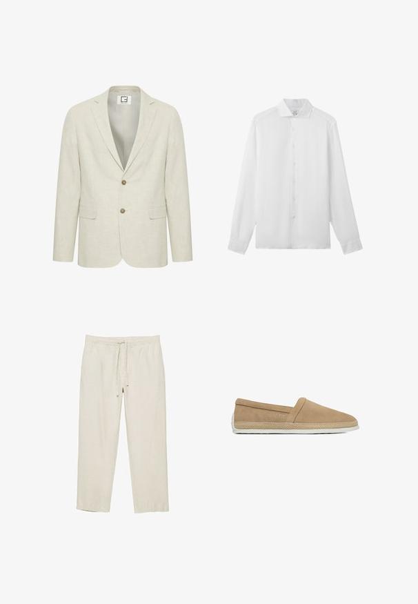 Licht beige linnen blazer met een notch revers, twee knopen sluiting en voorzakken. Heeft een subtiele textuur en een effen interieur.; Wit overhemd met lange mouwen, knopen aan de voorkant in het midden, een puntige kraag en zichtbare stiksels.; Beige casual broek met elastische tailleband en voorste trekkoord, gemaakt van lichtgewicht stof, afgebeeld op een witte achtergrond.; Beige instap casual schoen met suède bovenwerk, gevlochten jute rand rond de zool en witte rubberen buitenzool.