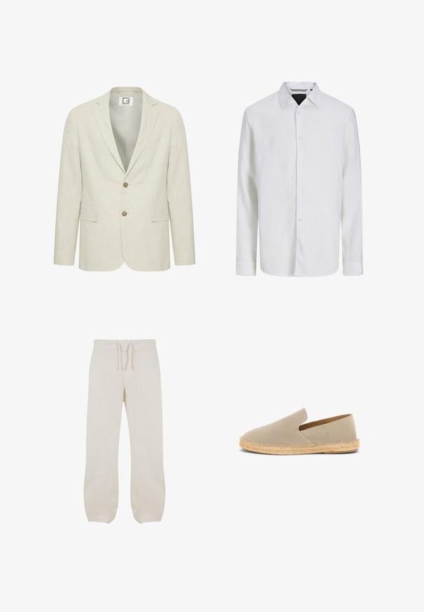 Licht beige linnen blazer met een notch revers, twee knopen sluiting en voorzakken. Heeft een subtiele textuur en een effen interieur.; Wit overhemd met lange mouwen en knopen, klassieke kraag, getoond op een effen achtergrond, van voren gezien.; Licht beige linnen broek met een elastische tailleband en trekkoord. Recht model met een gladde textuur en een lichte toelopende pasvorm bij de enkels.; Beige suède instap-espadrille met een zool omwikkeld met jute en een lage hak, zijaanzicht op een witte achtergrond.