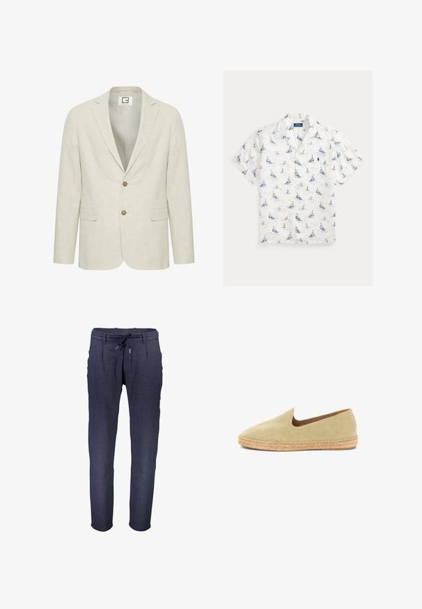 Hellbeige Leinenblazer mit Reverskragen, zwei Knöpfen und Fronttaschen. Verfügt über eine subtile Textur und ein schlichtes Innenfutter.; Weißes kurzärmeliges Hemd mit Knopfleiste, blauem Segelboot-, Leuchtturm- und Anker-Muster, mit Brusttasche und Polo Ralph Lauren-Logo.; Marineblaue, taillierte Hose aus strukturiertem Stoff, mit einem elastischen Taillenbund, verstellbarem Kordelzug und seitlichen Taschen.; Beiger Slipper-Espadrille mit gewebter Jutsohle und Canvas-Obermaterial, entworfen für legere Kleidung und warmes Wetter.