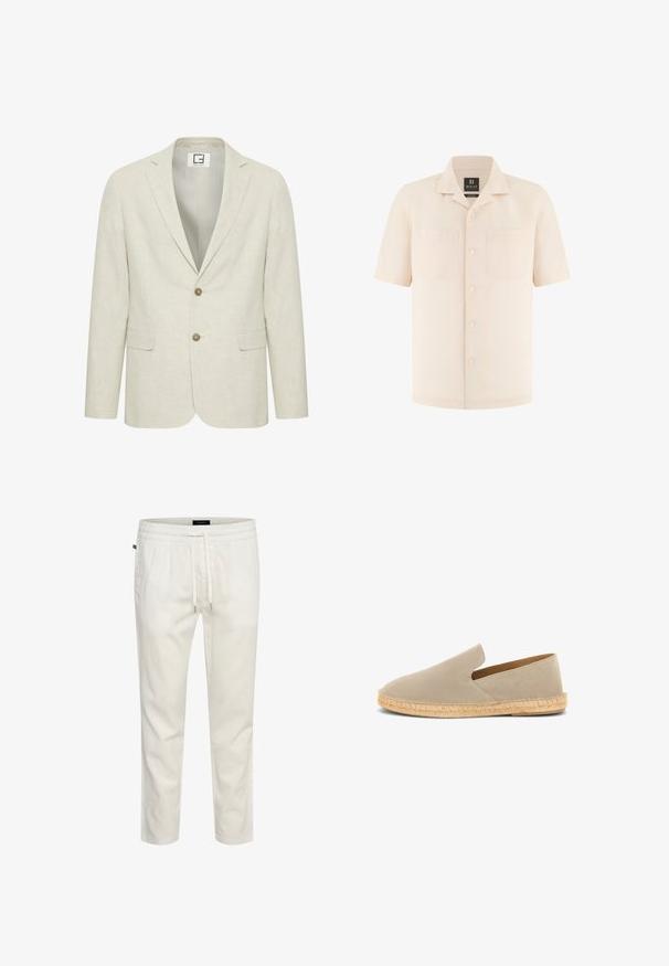 Blazer de lino beige claro con solapa muesca, cierre de dos botones y bolsillos frontales. Presenta una textura sutil y un interior liso.; Camisa beige de manga corta con botones, cuello campestre y dos bolsillos en el pecho, confeccionada en 100% lino de Boggi Milano.; Joggers ligeros de algodón blanco con cintura elástica, cierre con cordón y un corte relajado. Textura suave sin patrones ni acentos.; Espadrilla beige de ante tipo slip-on con suela envuelta en yute y tacón bajo, vista lateral sobre fondo blanco.