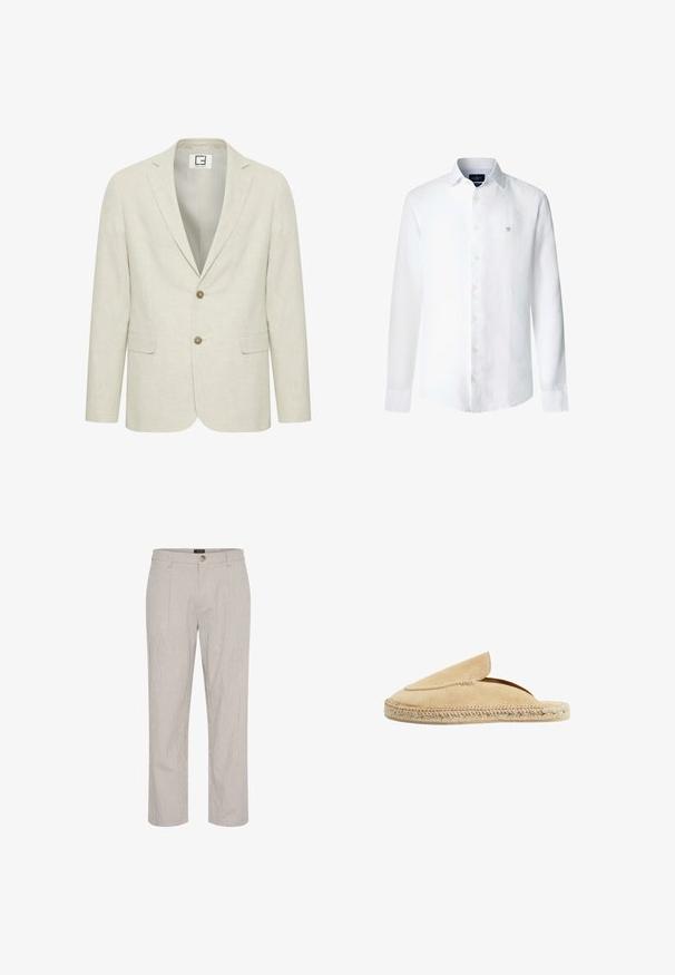 Blazer en lin beige clair avec un revers cranté, fermeture à deux boutons et poches avant. Présente une texture subtile et un intérieur uni.; Chemise blanche à manches longues avec boutons, ornée d'un petit logo bleu de pagaies croisées sur la poitrine gauche et dotée d'un col classique.; Pantalons rayés gris clair, coupe droite, avec une fermeture à bouton unique à la taille et deux poches avant. Texture lisse.; Chaussure slip-on en suède beige avec un bout rond, des détails couturés et une semelle en jute tressée, présentant un design à dos ouvert pour un enfilage facile.