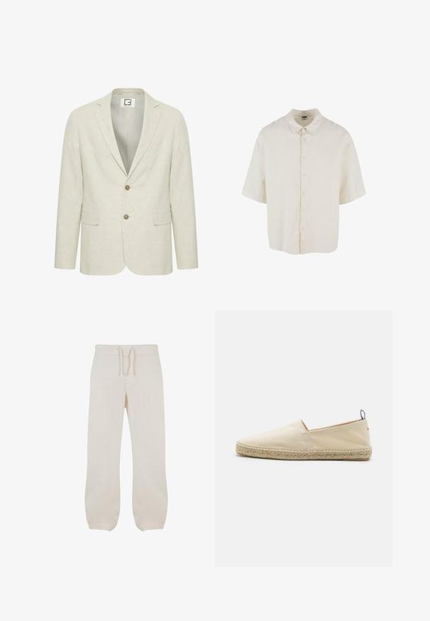 Lys beige linned blazer med slået revers, to-knaps lukning og frontlommer. Har en diskret tekstur og en ensfarvet inderside.; Kortærmet skjorte i cremefarvet stof, med en afslappet pasform, knaplukning og klassisk kravedesign.; Lyse beige linned bukser med elastisk talje og snor. Lige ben-design med en glat tekstur og let indsnævring ved anklerne.; Beige canvas espadrille med rund tå, flettet jutesål og en lille rød og blå accent på hælen. Letvægtig uden lukning.