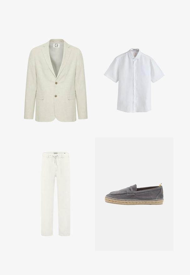 Blazer en lin beige clair avec un revers cranté, fermeture à deux boutons et poches avant. Présente une texture subtile et un intérieur uni.; Chemise blanche à manches courtes boutonnée avec col classique, fabriquée en tissu léger, présentée sur un fond blanc uni.; Pantalons en lin blancs avec taille à cordon et design à jambe droite. Texture lisse, détails minimes et coupe décontractée.; Chaussure slip-on en toile grise avec semelle en jute tressée et accent jaune contrastant au talon, présentant une texture lisse et un design minimaliste.