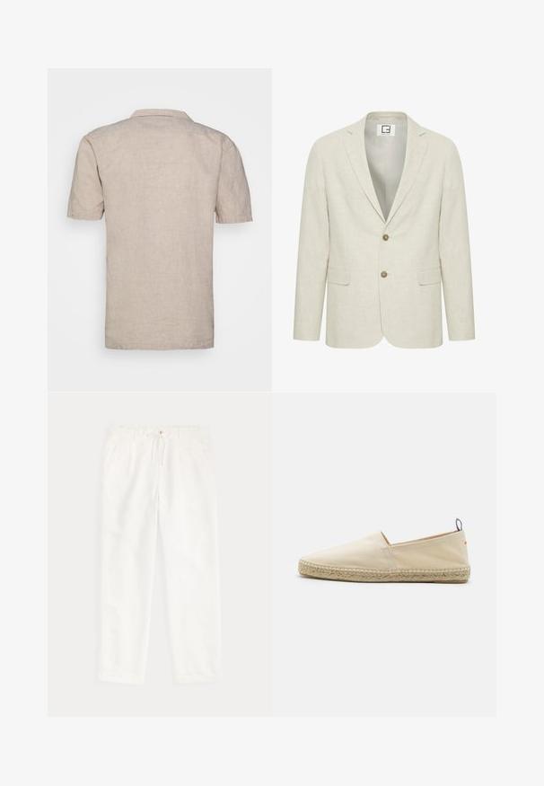 Blazer en lin beige clair avec un revers cranté, fermeture à deux boutons et poches avant. Présente une texture subtile et un intérieur uni.; Chemise en lin beige à manches courtes avec un col, dotée d'un tissu texturé et d'un ourlet droit, sans motifs visibles ni accents.; Pantalon décontracté blanc avec taille à cordon et poches latérales, présenté à plat sur un fond clair.; Espadrille en toile beige avec un bout rond, semelle en jute tressé et un petit accent rouge et bleu sur le talon. Légère et sans fermeture.
