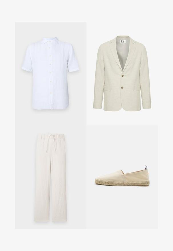 Blazer en lin beige clair avec un revers cranté, fermeture à deux boutons et poches avant. Présente une texture subtile et un intérieur uni.; Chemise blanche à manches courtes en lin, avec un devant boutonné, texture douce et éclat subtil. Les boutons sont de couleur jaune pâle.; Pantalons en lin beige clair avec une taille élastique, cordon de serrage, coupe large, texture lisse et sans motifs ni éléments visibles.; Espadrille en toile beige avec un bout rond, semelle en jute tressé et un petit accent rouge et bleu sur le talon. Légère et sans fermeture.