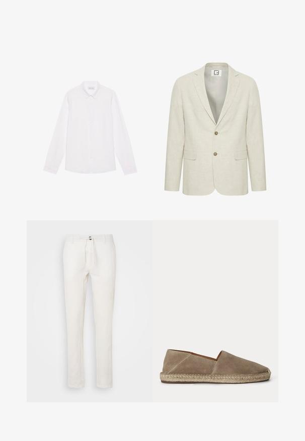 Blazer en lin beige clair avec un revers cranté, fermeture à deux boutons et poches avant. Présente une texture subtile et un intérieur uni.; Chemise blanche à manches longues, en coton. Présente un col classique, des boutons sur le devant et une texture lisse sans motifs visibles.; Pantalon en lin blanc avec taille à cordon, coupe droite et texture subtile. Pas de poches ni de motifs visibles.; Chaussure espadrille en daim beige avec semelle en jute tressée et bout fermé arrondi, vue de côté sur un fond uni.
