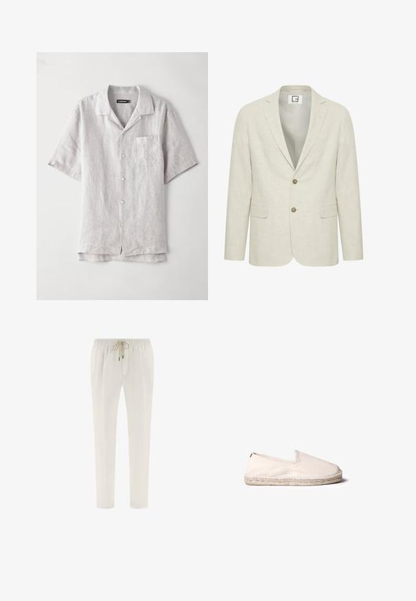 Blazer en lin beige clair avec un revers cranté, fermeture à deux boutons et poches avant. Présente une texture subtile et un intérieur uni.; Chemise en lin gris clair à manches courtes avec un col pointu, une poche avant et quatre boutons le long du centre. Texture lisse, coupe décontractée.; Pantalon décontracté blanc cassé avec taille élastique et cordon beige, coupe jambe droite, avec peu de détails.; Espadrille beige clair avec une tige en toile, une ouverture élastiquée et une semelle en jute naturel. Présente une surface texturée et un design minimal.