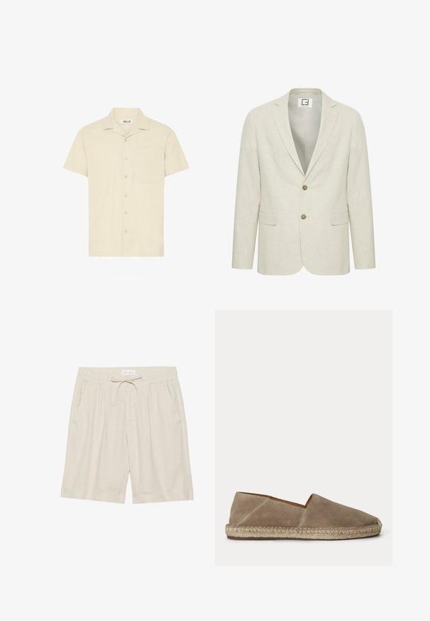 Blazer en lin beige clair avec un revers cranté, fermeture à deux boutons et poches avant. Présente une texture subtile et un intérieur uni.; Chemise à manches courtes et col en tissu beige clair, avec une poche frontale et une fermeture à boutons composée de cinq boutons.; Shorts en lin beige avec taille élastique, cordon de serrage et poches latérales. Coupe décontractée avec jambe droite et ourlet retourné.; Chaussure espadrille en daim beige avec semelle en jute tressée et bout fermé arrondi, vue de côté sur un fond uni.