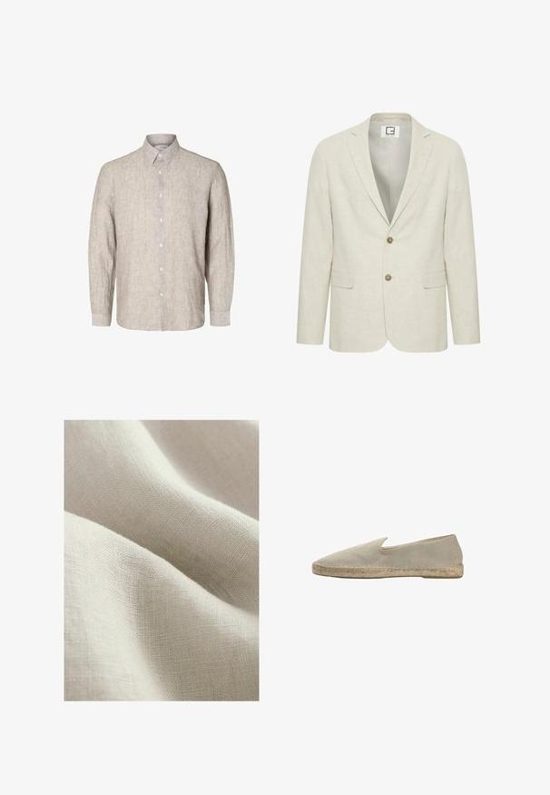 Blazer en lin beige clair avec un revers cranté, fermeture à deux boutons et poches avant. Présente une texture subtile et un intérieur uni.; Chemise en lin gris clair à manches longues, col boutonné et boutons à l'avant. Tissu texturé avec un motif subtil.; Tissu en lin beige clair avec une surface texturée, présentant des drapés doux et fluides ainsi qu'un motif de tissage fin.; Espadrille beige à enfiler avec dessus en tissu chevrons et semelle en jute tressée, vue de profil sur fond blanc.