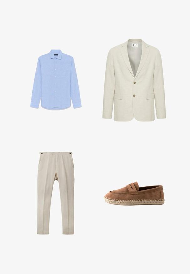 Lys beige linned blazer med slået revers, to-knaps lukning og frontlommer. Har en diskret tekstur og en ensfarvet inderside.; Lyseblå, langærmet skjorte med knapper, spids krave og hvide knapper, lagt fladt ud på en hvid baggrund.; Beige linnedragt med lige snit, der har to sidelommer og sorte knapdetaljer ved taljen. Glat, let tekstur.; Brun ruskindslipper med flettet rebssål og en remdetalje over toppen, vist fra siden på en hvid baggrund.