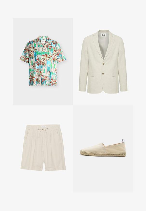 Blazer en lin beige clair avec un revers cranté, fermeture à deux boutons et poches avant. Présente une texture subtile et un intérieur uni.; Chemise à manches courtes boutonnée avec imprimé palmiers tropicaux et arcade en tons verts, bleus, rouges et beiges sur un fond clair.; Shorts en lin beige avec taille élastique, cordon de serrage et poches latérales. Coupe décontractée avec jambe droite et ourlet retourné.; Espadrille en toile beige avec un bout rond, semelle en jute tressé et un petit accent rouge et bleu sur le talon. Légère et sans fermeture.