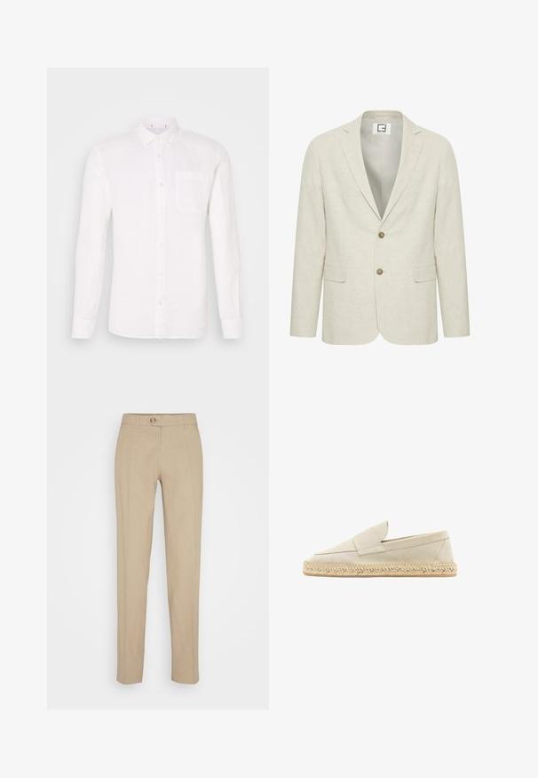 Blazer en lin beige clair avec un revers cranté, fermeture à deux boutons et poches avant. Présente une texture subtile et un intérieur uni.; Chemise en lin blanche à manches longues, avec col boutonné, poche poitrine simple et coupe droite. Texture lisse, design minimaliste.; Pantalons beiges en lin avec une coupe droite, dotés d'une fermeture à bouton, de passants de ceinture et d'une texture lisse.; Espadrille en suède beige avec un design à enfiler, présentant un bout rond, une semelle en jute tressé et des détails de couture minimalistes.