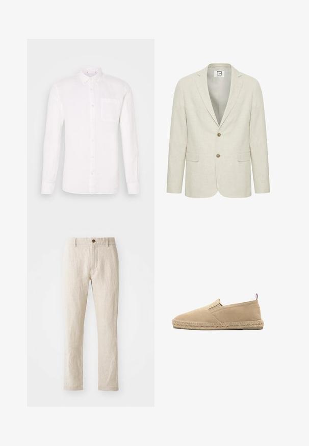 Vaalean beige-linnoitus blazer, jossa on lovettu kaulus, kaksinappinen kiinnitys ja etutaskut. Sisältää hienovaraisen tekstuurin ja yksinkertaisen sisävuoren.; Valkoinen pitkähihainen pellavapaita, jossa on napillinen kaulus, yksi rintatasku ja suora leikkaus. Sujuva rakenne, minimalistinen muotoilu.; Beige pellavahousut, joissa on kapea malli, yksittäinen ruskea nappikiinnitys, suorat lahkeet ja tekstuuripinta.; Beigenvärinen kankaasta valmistettu slip-on-tyylinen espadrille, jossa on ommeltu juuttipohja ja pieni kangaslenkki kantapäässä, esitetty sivuprofiilissa valkoisella taustalla.
