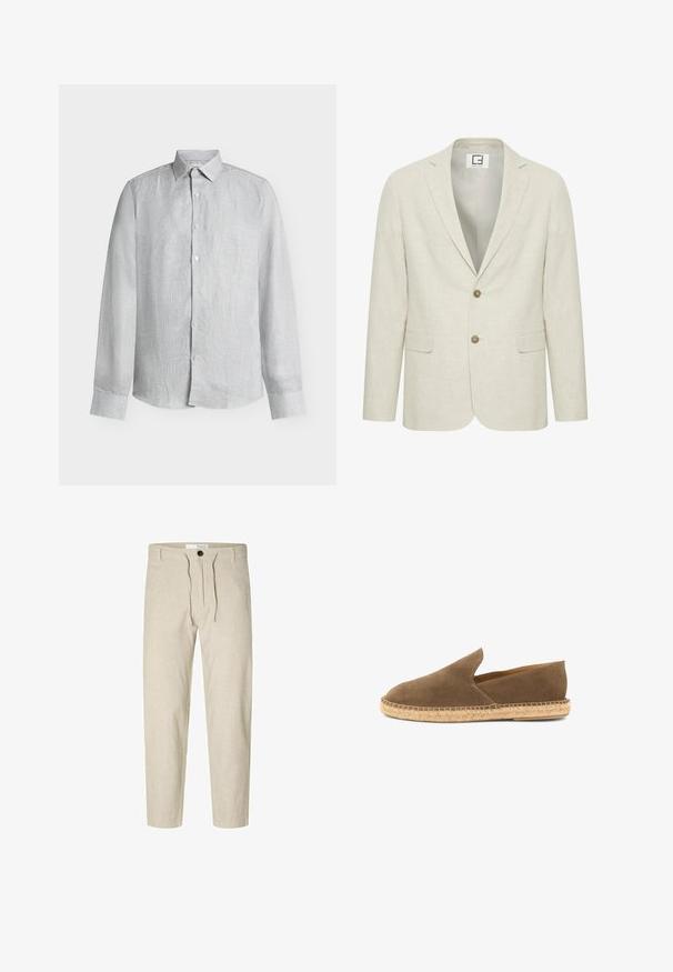 Blazer en lin beige clair avec un revers cranté, fermeture à deux boutons et poches avant. Présente une texture subtile et un intérieur uni.; Chemise à manches longues avec boutons, fines rayures verticales grises et blanches et col classique, présentée sur un fond uni.; Selected Slim Tapered Linen Blend - Pantalon classique - vetiver; Espadrille marron en daim à enfiler avec semelle en jute tressée et côtés bas, conçue pour un usage décontracté.