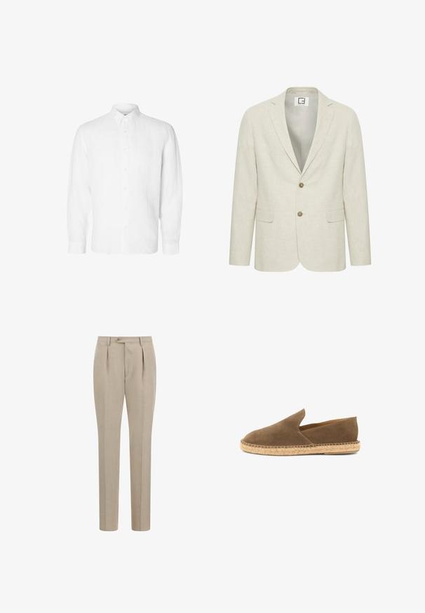 Blazer en lin beige clair avec un revers cranté, fermeture à deux boutons et poches avant. Présente une texture subtile et un intérieur uni.; Chemise blanche à manches longues en lin, dotée d'un col boutonné, de boutons sur le devant et d'une coupe décontractée avec des poignets droits.; Pantalon en lin beige avec une coupe droite, des plis doubles et une fermeture à un bouton à la taille. Texture lisse et légère.; Espadrille marron en daim à enfiler avec semelle en jute tressée et côtés bas, conçue pour un usage décontracté.