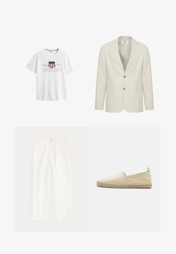 Blazer en lin beige clair avec un revers cranté, fermeture à deux boutons et poches avant. Présente une texture subtile et un intérieur uni.; T-shirt blanc à manches courtes avec col rond, avec un logo GANT, un écusson avec "1949," et le texte "American Sportswear" sur le devant.; Pantalon décontracté blanc avec taille à cordon et poches latérales, présenté à plat sur un fond clair.; Espadrille en toile beige avec un bout rond, semelle en jute tressé et un petit accent rouge et bleu sur le talon. Légère et sans fermeture.