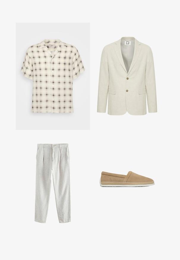 Licht beige linnen blazer met een notch revers, twee knopen sluiting en voorzakken. Heeft een subtiele textuur en een effen interieur.; Lichtcrème overhemden met korte mouwen en een zwart-grijze ruitpatroon, voorzien van een camp collar en één borstzak.; Lichtgrijze linnen broek met taps toelopende pijpen, knoop- en koordsluiting in de taille en zijzakken.; Beige instap casual schoen met suède bovenwerk, gevlochten jute rand rond de zool en witte rubberen buitenzool.