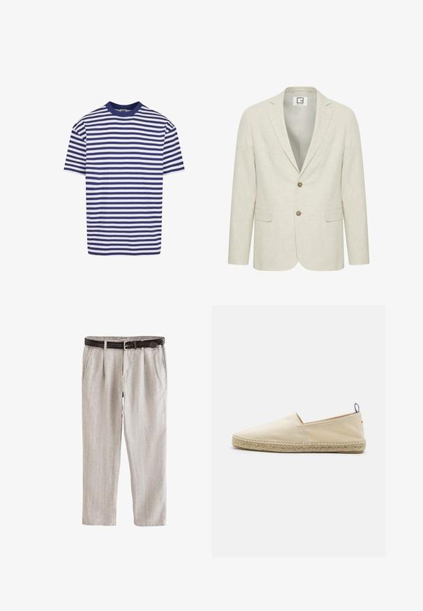 Lys beige linned blazer med slået revers, to-knaps lukning og frontlommer. Har en diskret tekstur og en ensfarvet inderside.; T-shirt med korte ærmer i striber med marineblå og hvide vandrette striber, rund halsudskæring, afslappet pasform og blødt bomuldsstof.; Lyse beige hørbukser med plisseringer, sidelommer og et mørkebrunt vævet bælte med sølvspænde.; Beige canvas espadrille med rund tå, flettet jutesål og en lille rød og blå accent på hælen. Letvægtig uden lukning.