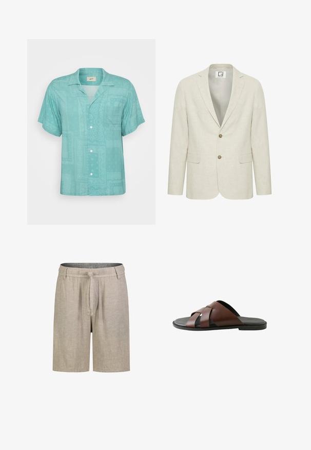 Hellbeige Leinenblazer mit Reverskragen, zwei Knöpfen und Fronttaschen. Verfügt über eine subtile Textur und ein schlichtes Innenfutter.; Kurzärmliges, kragenloses Hemd aus leichtem Teal-Stoff mit einem dezenten, gemusterten Design sowie Patches und Texturen. Mit einer Brusttasche.; Beige knielange Freizeithosen mit elastischem Bund, Gürtelschlaufen und einem vorderen Stoffkordelzug.; Braune Herren-Pantoletten aus Leder mit gekreuzten Riemen und schwarzer Sohle, seitlich auf weißem Hintergrund dargestellt.