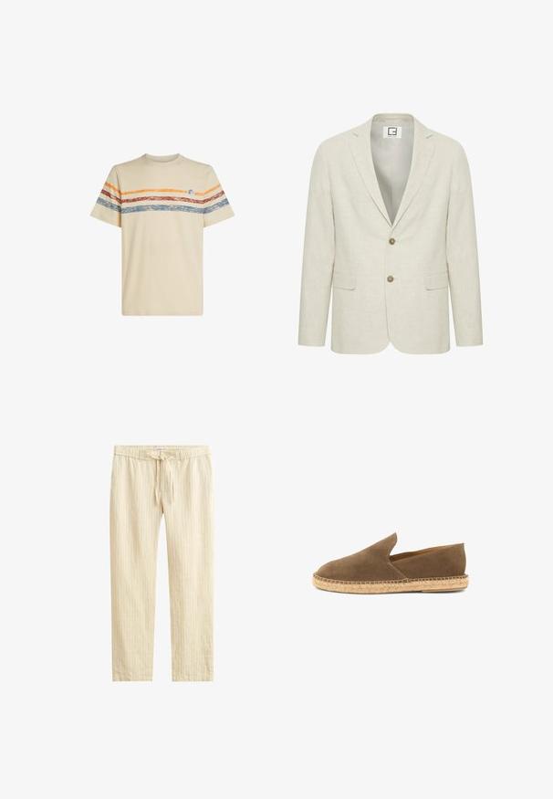 Lys beige linned blazer med slået revers, to-knaps lukning og frontlommer. Har en diskret tekstur og en ensfarvet inderside.; Cremefarvet bomulds t-shirt med horisontale striber i orange, rød og blå. Korte ærmer, rund halsudskæring og lille logo-detail på brystet.; Beige snøre bukser med subtile vertikale nålestriber, elastisk taljebånd, sidelommer og lige ben pasform.; Brun ruskinds slip-on espadrille med flettet jutesål og lavtskårne sider, designet til afslappet brug.