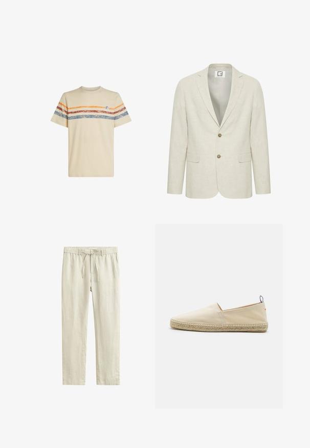 Lys beige linned blazer med slået revers, to-knaps lukning og frontlommer. Har en diskret tekstur og en ensfarvet inderside.; Cremefarvet bomulds t-shirt med horisontale striber i orange, rød og blå. Korte ærmer, rund halsudskæring og lille logo-detail på brystet.; Lyse beige hørbukser med snøre i taljen, knaplukning og lige ben design.; Beige canvas espadrille med rund tå, flettet jutesål og en lille rød og blå accent på hælen. Letvægtig uden lukning.