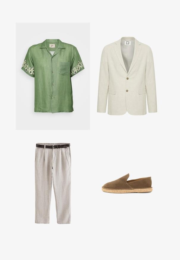 Lys beige linned blazer med slået revers, to-knaps lukning og frontlommer. Har en diskret tekstur og en ensfarvet inderside.; Kortærmet grøn linnedskjorte med knaplukning fortil, lomme og indviklet cremelækkert mønster på ærmerne. Let og åndbart stof.; Lyse beige hørbukser med plisseringer, sidelommer og et mørkebrunt vævet bælte med sølvspænde.; Brun ruskinds slip-on espadrille med flettet jutesål og lavtskårne sider, designet til afslappet brug.