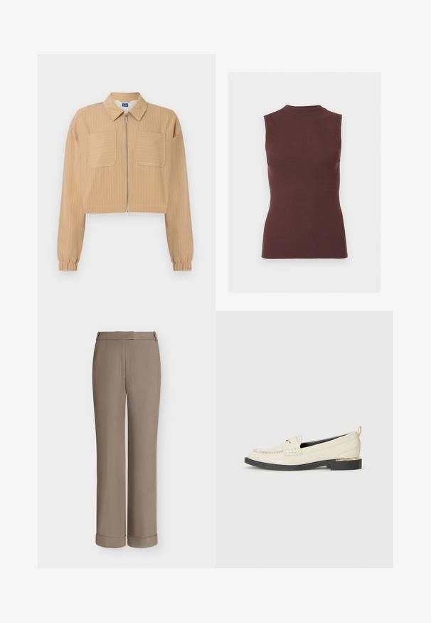 Veste beige courte à fines rayures blanches, fermeture éclair à l'avant, deux poches poitrine, manches longues avec poignets élastiques, et col pointu.; Top sans manches en maille côtelée marron foncé avec col montant et silhouette ajustée.; Pantalon habillé taupe à jambe droite avec passants pour ceinture, pli sur le devant et larges revers à l'ourlet, présenté sur fond blanc uni.; Mocassin en cuir crème avec une sangle décorative, des détails cousus et une semelle noire basse accentuée d'un talon doré.