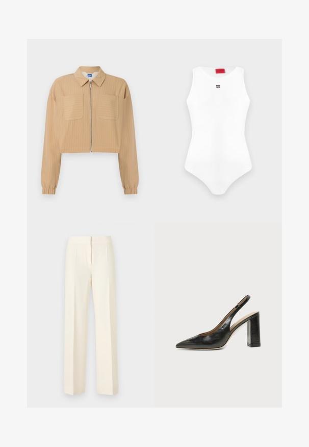 Veste beige courte à fines rayures blanches, fermeture éclair à l'avant, deux poches poitrine, manches longues avec poignets élastiques, et col pointu.; Body blanc sans manches, ajusté, avec encolure ronde et petit logo noir "HUGO" sur la poitrine, étiquette de marque rouge à l'intérieur du col.; Pantalon droit sur mesure couleur blanc cassé avec pli avant, ceinture et fermeture avant dissimulée sur un fond uni.; Chaussure slingback en cuir noir à bout pointu avec un talon bloc haut et une doublure intérieure beige sur un fond clair uni.