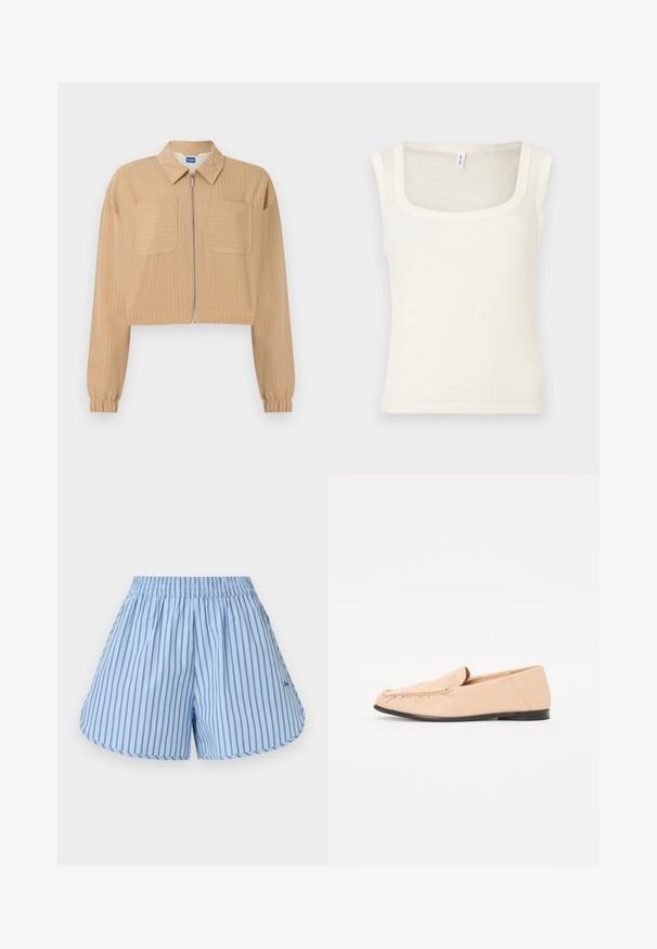 Veste beige courte à fines rayures blanches, fermeture éclair à l'avant, deux poches poitrine, manches longues avec poignets élastiques, et col pointu.; Débardeur sans manches de couleur crème avec un décolleté carré, une texture côtelée et une coupe ajustée. Tissu lisse avec des bords propres et droits.; Short bleu clair avec fines rayures noires verticales, taille élastique et ourlets arrondis.; Mocassins en cuir beige avec des détails brodés, une semelle noire plate et un bout arrondi. Design minimaliste sans quincaillerie ou accents visibles.