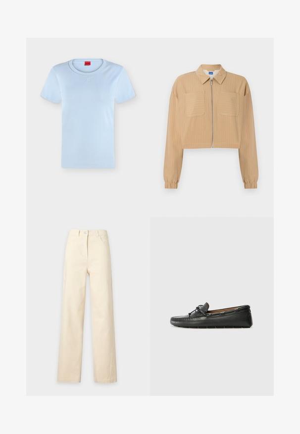 Veste beige courte à fines rayures blanches, fermeture éclair à l'avant, deux poches poitrine, manches longues avec poignets élastiques, et col pointu.; T-shirt bleu clair à manches courtes avec col rond et logo "HUGO" en relief subtil centré sous le col, ainsi qu'une étiquette intérieure rouge.; Pantalon beige à jambes droites avec fermeture à bouton et zip devant, passants de ceinture et poches avant, présenté sur un fond uni.; Bateau en cuir noir avec un bout arrondi, des détails de couture, un petit accent en nœud et une semelle en caoutchouc. Texture lisse et design épuré.