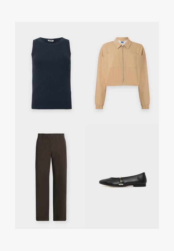 Veste beige courte à fines rayures blanches, fermeture éclair à l'avant, deux poches poitrine, manches longues avec poignets élastiques, et col pointu.; Haut sans manches bleu marine foncé en tissu côtelé. Présente un col rond et une coupe ajustée sans accents ni motifs supplémentaires.; Pantalon droit marron foncé avec passants pour ceinture et poches avant, présenté à plat sur un fond clair.; Chaussure plate en cuir noir avec bout arrondi et petit détail de boucle dorée sur le côté, présentée sur un fond clair uni.