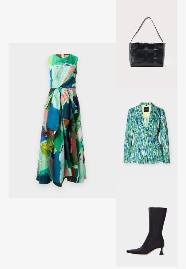 Dame-skræddersyet blazer med abstrakt penselstrøgsmønster i grøn, blå og hvid, to knapper, revers med udskæring og lommer med klap.; Farverig ærmeløs kjole med en blanding af grønne, pink og blå abstrakte mønstre, med en bundet taljedetalje og let flydende stof.; Sort læderstøvle, der går til midt på læggen, med spids tå og buet lav hæl, mod en ensartet lys baggrund.; Sort læderhåndtaske med bredt vævet design og enkelt skulderrem, rektangulær form, vist mod en ensartet lys baggrund.