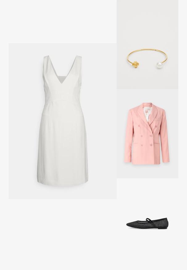 Blazer rose à double boutonnage avec revers notés, deux poches avant et six boutons assortis ; tissu lisse et coupe ajustée.; IVY OAK BRIDAL DEMI ANN - Robe de cocktail - snow white; Chaussure plate noire avec un design à bout pointu, tige en maille avec des accents en strass, et une fine bride pour un maintien sécurisé. Semelle plate.; Bracelet en métal doré en forme de manchette avec un détail floral à une extrémité et une perle blanche ronde à l'autre. Le design est épuré et minimaliste.