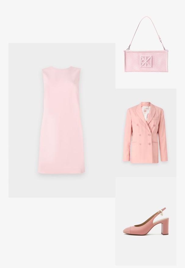 Blazer rosa de doble botonadura con solapas muesca, dos bolsillos frontales y seis botones a juego; tejido suave y ajuste entallado.; Vestido sin mangas de suave tejido rosa, con una forma A-line simple, escote redondo y textura lisa sin patrones ni adornos.; Zapato de salón slingback de cuero rosa con tacón de bloque, punta puntiaguda, correa en el tobillo con hebilla dorada y pequeño colgante decorativo.; Bolso pequeño rectangular de malla rosa con correa ajustable y logotipo geométrico en relieve en el centro frontal.