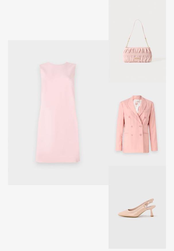 Roze dubbelzijdige blazer met gekartelde revers, twee voorzakken en zes bijpassende knopen; gladde stof en getailleerde pasvorm.; Mouwloze jurk van zachtroze stof, met een eenvoudige A-lijn vorm, ronde halslijn en een gladde textuur zonder patronen of versieringen.; Beige lakleren slingback pumps met hoge hak, puntige neus en elastische band met merkschrift, afgewerkt met een strik bij de hiel.; Kleine roze gerimpelde handtas met gouden kettingriem en een rechthoekige logo-plaat met de tekst Love Moschino aan de voorkant.