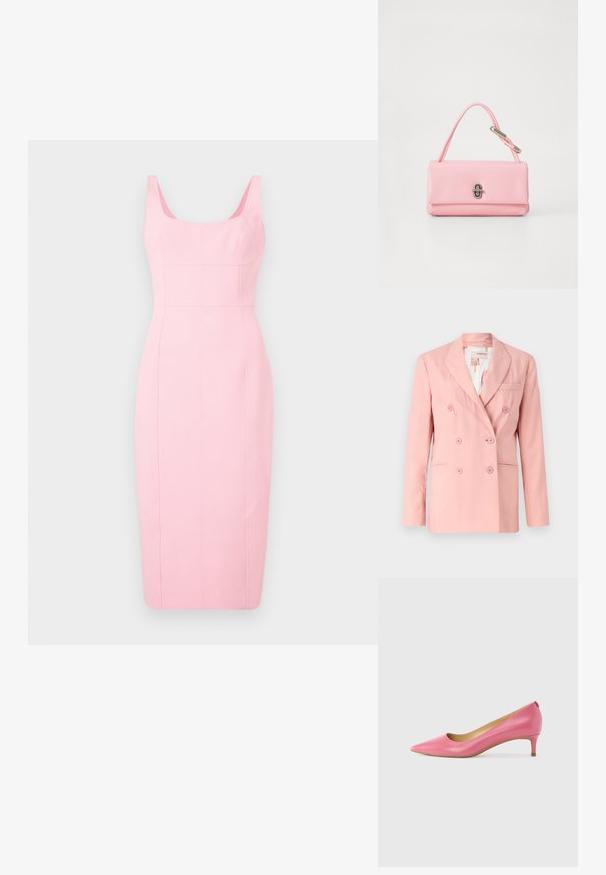 Roze dubbelzijdige blazer met gekartelde revers, twee voorzakken en zes bijpassende knopen; gladde stof en getailleerde pasvorm.; Pencil jurk in lichtroze, met een aansluitende silhouet, brede bandjes, vierkante halslijn en verticale naaddetails langs het lichaam.; Roze leren pump met een puntige neus, lage hak en gladde textuur. Heeft een uitsparing aan de zijkant en een minimalistisch ontwerp.; Roze leren handtas met een gestructureerde rechthoekige vorm, een enkele korte handgreep en een zilverkleurige sluiting aan de voorkant.