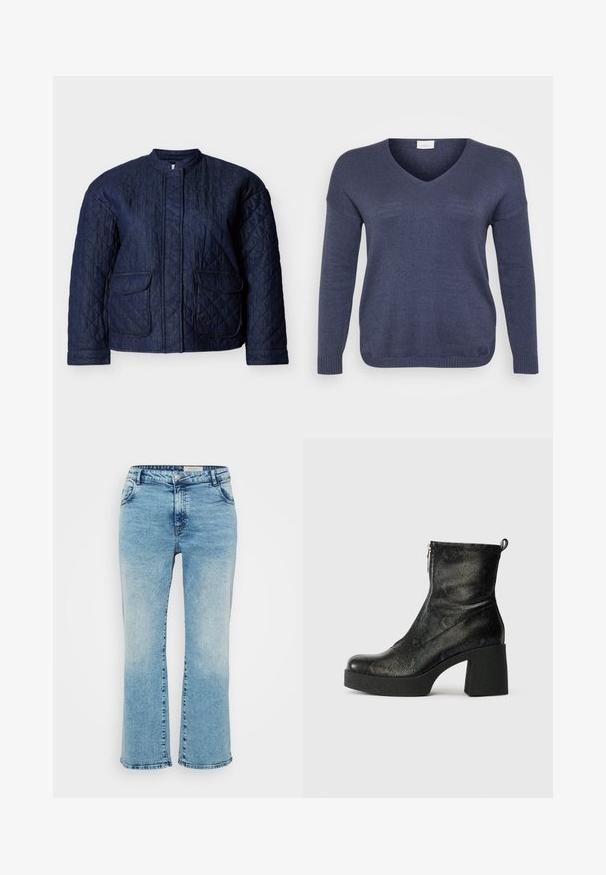 Marineblaue gesteppte Jacke mit rundem Ausschnitt, zwei Vorderentaschen und diagonalen Steppnähten im gesamten Stoff. Robustes Denim-Material.; Marineblauer Strickpullover mit V-Ausschnitt, langen Ärmeln und gerippten Bündchen. Das Material wirkt weich mit feiner Textur. Keine sichtbaren Muster.; Hellblaue Denim-Jeans mit geradem Schnitt, Knopfverschluss, fünf Taschen und dezentem Ausbleichen an den Knien.; Schwarze Knöchelboots mit einer strukturierten, reptilienähnlichen Oberfläche. Sie verfügen über einen stabilen Absatz und einen seitlichen Reißverschluss zum Schließen. Verstellbarer Zugschlaufe hinten.