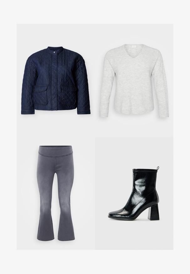Marineblaue gesteppte Jacke mit rundem Ausschnitt, zwei Vorderentaschen und diagonalen Steppnähten im gesamten Stoff. Robustes Denim-Material.; Hellgrauer Langarmpullover mit geripptem Textur, V-Ausschnitt und leicht abgerundetem Saum. Weiches Material mit subtilen Mustervariationen.; Grau ausgestellte Hosen mit einem breiten Bund. Glattes Material mit leichtem Glanz, das von oben dunkel zu unten heller verläuft.; Schwarze Lack-Ankle-Boots mit quadratischer Zehenform und klobigem geometrischem Absatz. Sie verfügen über eine glatte, glänzende Textur und eine Zuglasche an der Rückseite für einfaches Anziehen.