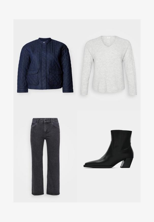 Mørkeblå quiltet jakke med rund halsudskæring, to forlommer og diagonale syninger over hele stoffet. Holdbart denim materiale.; Lys grå langærmet sweater med ribbet tekstur, V-hals og en let buet kant. Blødt materiale med subtile mønstervariationer.; Sorte denim jeans med lige ben design, fem lommer og knaplukning. Stoffet har en let falmet tekstur og robust syning.; Sortlæder ankelstøvle med spids tå, en slank silhuet og en kraftig firkantet hæl. Glat tekstur med minimale stikninger.