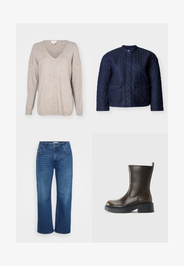 Marineblaue gesteppte Jacke mit rundem Ausschnitt, zwei Vorderentaschen und diagonalen Steppnähten im gesamten Stoff. Robustes Denim-Material.; Beige V-Ausschnitt Pullover aus weichem Strickmaterial, mit entspanntem Schnitt, überschnittenen Schultern und gerippten Bündchen und Saum.; Weite Jeans aus dunkelblauem Denim. Mit fünf Taschen, Gürtelschlaufen und schwachem Verblassen entlang der Beine. Glatte Textur mit normaler Passform.; Dunkelbrauner Lederstiefel bis zur Mitte des Waden mit runder Spitze, dickem schwarzen Sohlen, niedrigem Blockabsatz und einer Zuglasche auf der Rückseite.