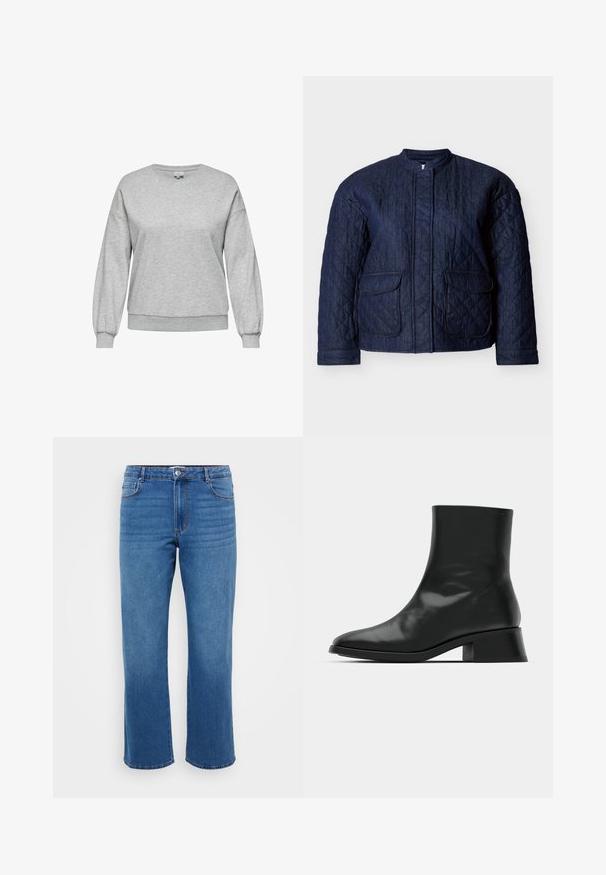 Veste matelassée bleu marine, comportant un col rond, deux poches avant et des coutures diagonales sur tout le tissu. Matière en denim durable.; Sweat-shirt gris en mélange de coton, avec un col rond, des manches longues bouffantes, et des bord-côtes au niveau des poignets et de l'ourlet.; Jean en denim bleu avec une coupe droite, présentant une fermeture à bouton, un design classique à cinq poches et une texture légèrement décolorée au niveau des cuisses.; Bottine noire en cuir brillant, au design épuré, avec un bout pointu et un petit talon bloc pour plus de stabilité.