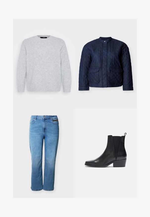 Mørkeblå quiltet jakke med rund halsudskæring, to forlommer og diagonale syninger over hele stoffet. Holdbart denim materiale.; Vero Moda Curve Knitted VMCBOOM Knitted - Striktrøje - light grey melange; Lyseblå jeans med lige ben, foran med knap og lynlås, for- og baglommer samt en lille lynlåslomme på forsiden til højre.; Zign Støvletter - black