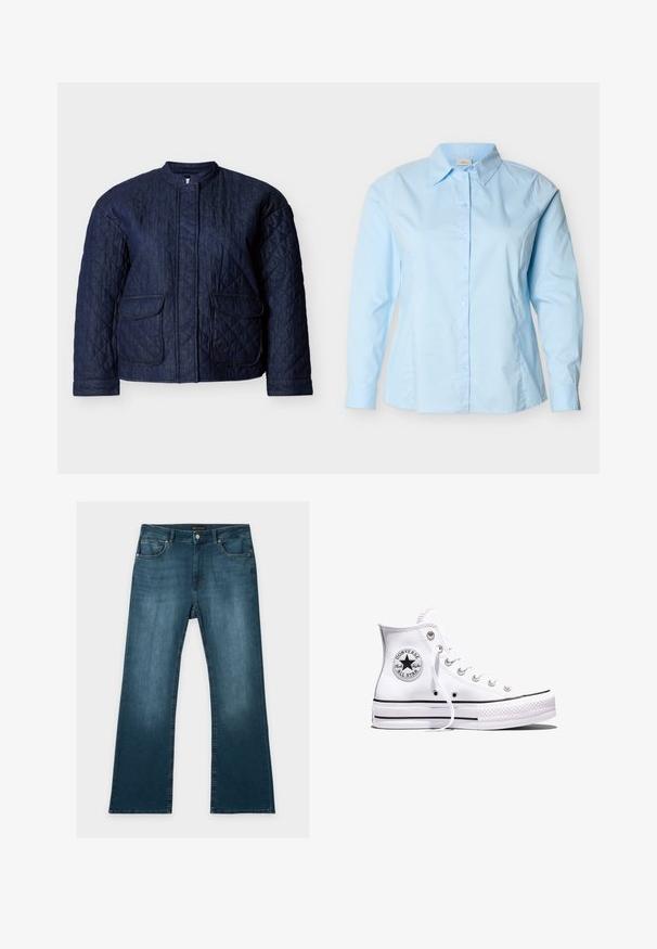 Mørkeblå quiltet jakke med rund halsudskæring, to forlommer og diagonale syninger over hele stoffet. Holdbart denim materiale.; Lyseblå skjorte med lange ærmer, knapper foran, klassisk krave, skræddersyet pasform og synlige syninger langs siderne og ærmerne.; Blå jeans med lige ben, foran- og baglommer, knap- og lynlåslukning og subtile falmede detaljer på lår og knæ.; Hvid Converse Chuck Taylor All Star højt snøresko med sorte striber og logoemblem på siden, vist mod en ensfarvet hvid baggrund.