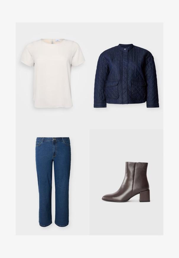 Chaqueta acolchada azul marino, con cuello redondo, dos bolsillos frontales y costuras diagonales en toda la tela. Material resistente de denim.; Camiseta de manga corta y cuello redondo en tejido beige claro con una textura suave; presenta un detalle de abertura en la parte posterior y un corte relajado.; Vaqueros azules de mezclilla con corte recto, cierre frontal de botones y cremallera, estilo de cinco bolsillos y costuras visibles sobre un fondo claro.; Botín de piel marrón con un diseño elegante, puntera afilada y tacón cuadrado. Textura suave y silueta minimalista.